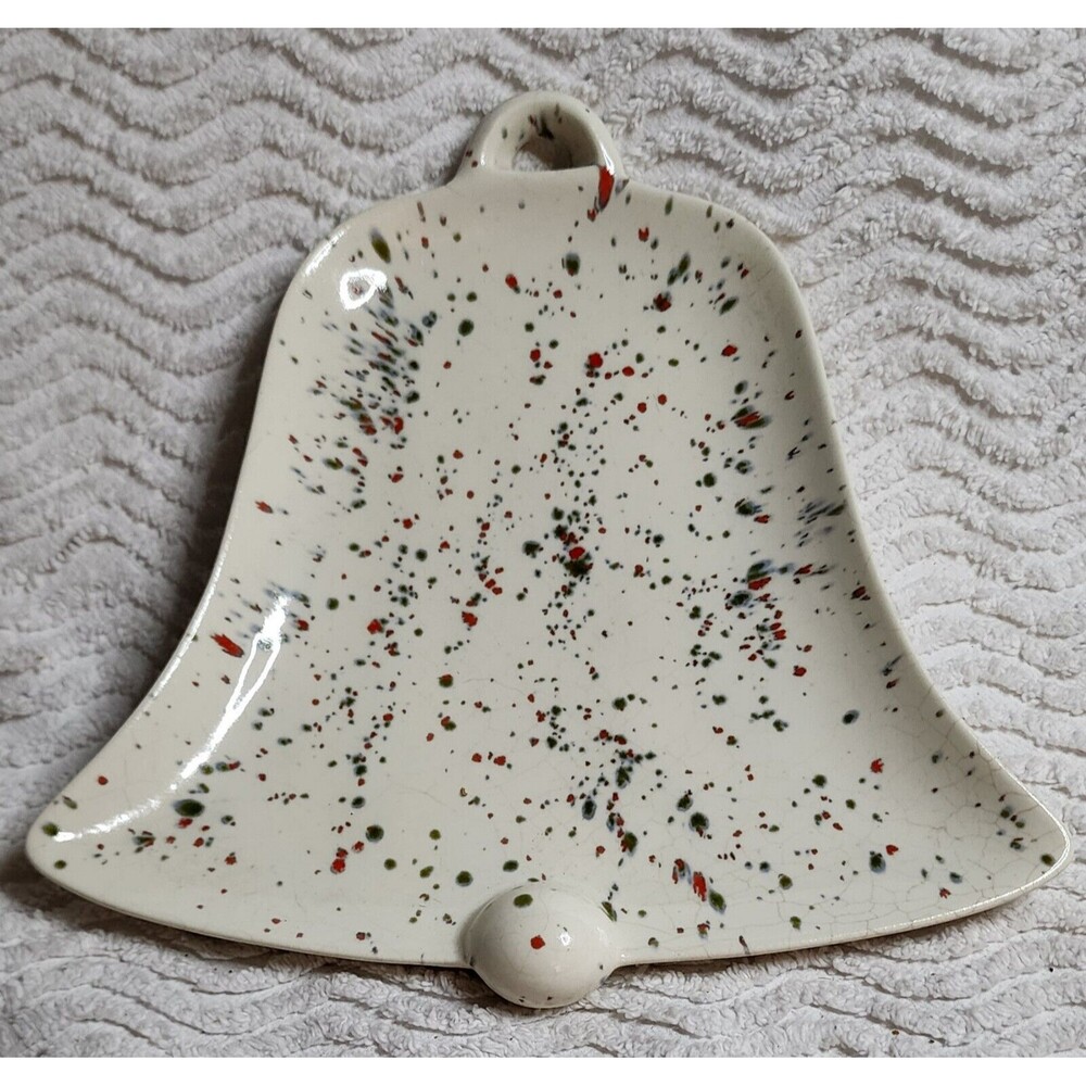 Vintage MCM Hobbyist Ceramic CHRISTMAS Red/Gr SplatterGlazed BELL Cookie Plate